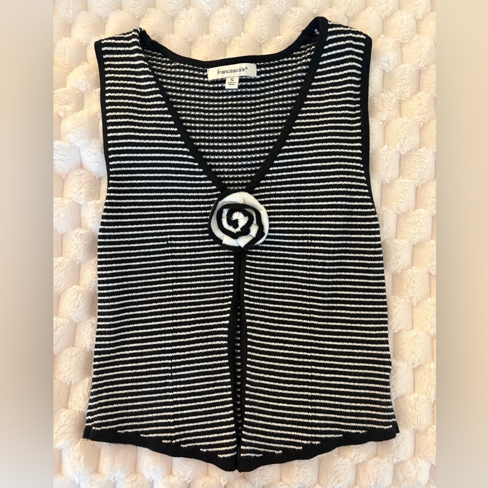 francesca's Black & White Striped Knit Tank with Rosette